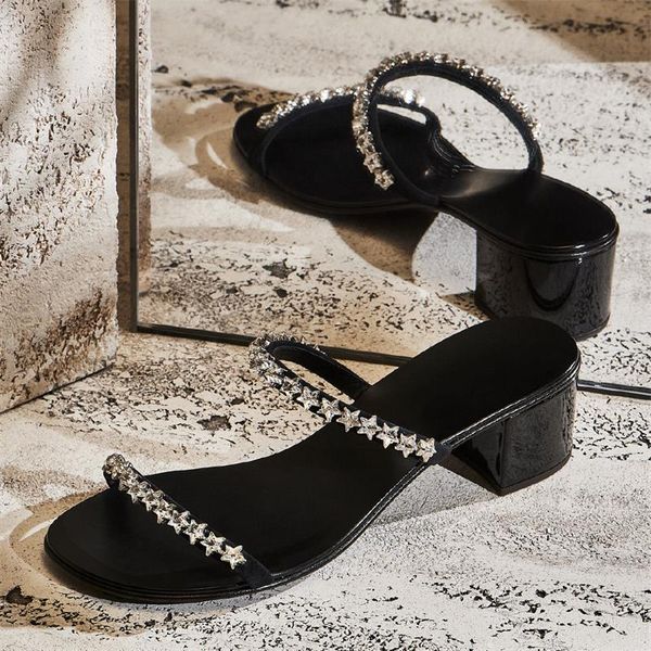 

new 2020 women summer slippers square high heels bling rhinestone black outside beach flat slides sandalias de las mujeres