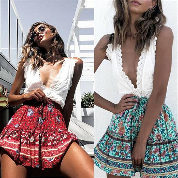 

summer vintage floral print short skirt sweet paperbag waist lace up women elastic high waist boho flora beach skirt, Black