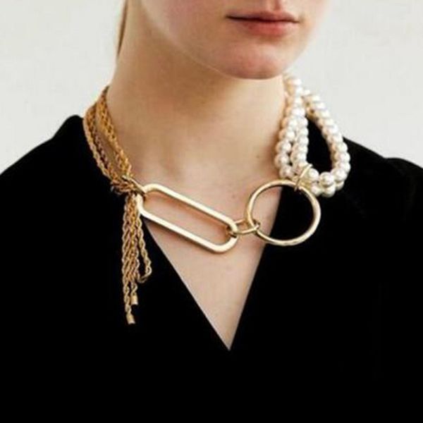 

exknl layered pearl punk chain necklace lock pendant necklace women men choker padlock chains goth jewelry aesthetic accessories, Silver