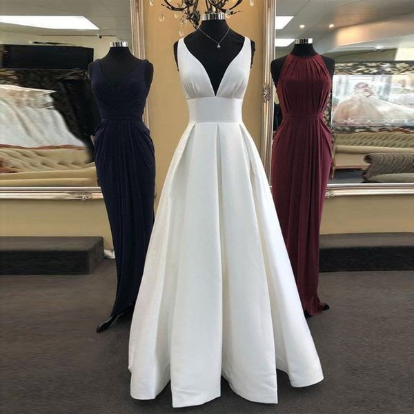 

white satin wedding dresses deep v-neck a-line floor length vestidos de novia wedding gowns