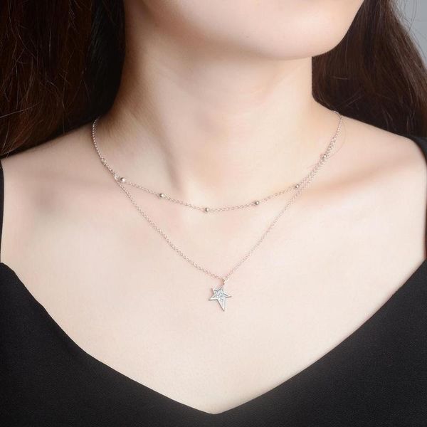 

new korean style multilayer bead chain necklace pendant five-pointed star sterling inlay zircon simple women jewelry gift, Silver