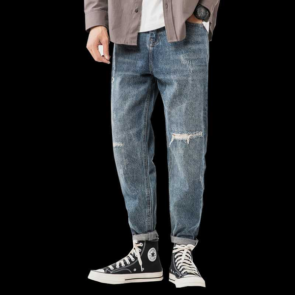 

men's jeans isurvivor 2021 spring white background japanese worn loose trousers straight harem ripped pants, Blue