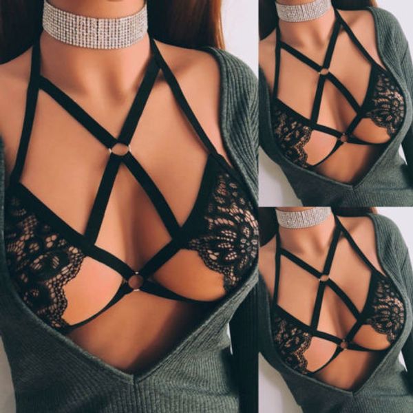 

women sheer triangle bralette crop bustier unpadded mesh lined ladies straped cross, Black;white