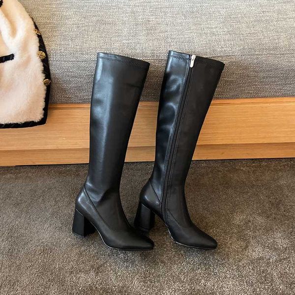 

new winter style knee high boots genuine leather women boots warm high heels motorcycle fashion cowhide women shoes, Black