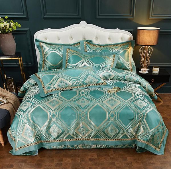 

luxury green jacquard satin bed set 4pcs silk cotton bedding sets  king size duvet cover bed sheet linen pillowcases home textile