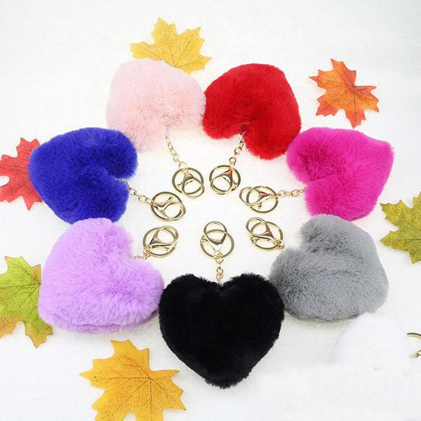

new arrival fashion heart shape imitation rabbit fur ball key chain ball mobile phone keychain car key ring women bag pendant, Silver