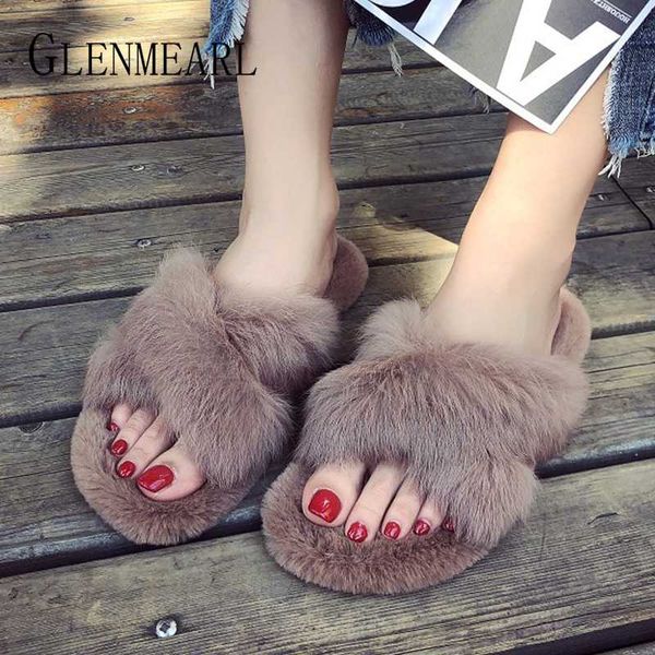 

slippers fur women indoor shoes winter comfortable plush warm female open toe large size 2021, Black