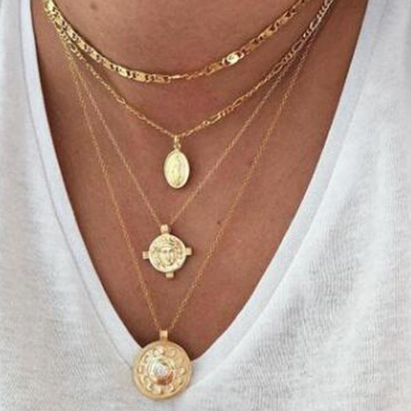 

huatang vintage multilayer carved portrait pendant necklaces 4 layer crystal coin sun necklace for women choker jewelry 7100, Silver