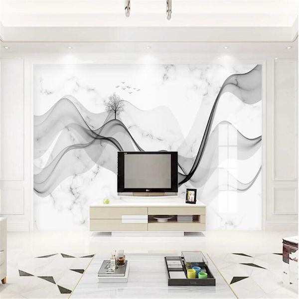 Milofi nuove linee astratte cinesi inchiostro paesaggio marmo modello carta da parati murale TV sfondo muro