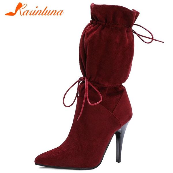 

karinkuna plus size 32-45 brand new lace up female boots cross tied thin high heels boots woman 2020 office party shoes women, Black