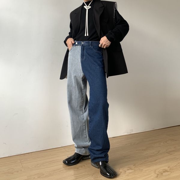 

nirben contrast color stitching korean style fashion all-matchdesign sense color matching jeans and jeans denim slimming trousers tlprn tlpr, Blue