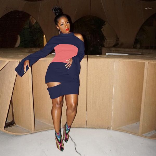 

women dresses fashion contrast color off shoulder long sleeve dress women designer dress 20fw new, Black;gray