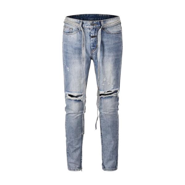 

qoolxcwear high street jeans men hole damaged distressed blue jeans ankle zipper long denim belt men pants