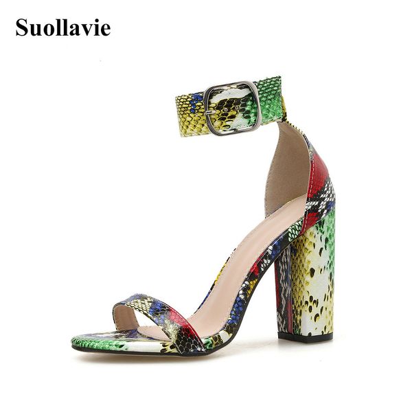 

suollavie 2020 women sandals fashion metal buckle high heels mix color snake print ankle strap sandals street style shoes, Black