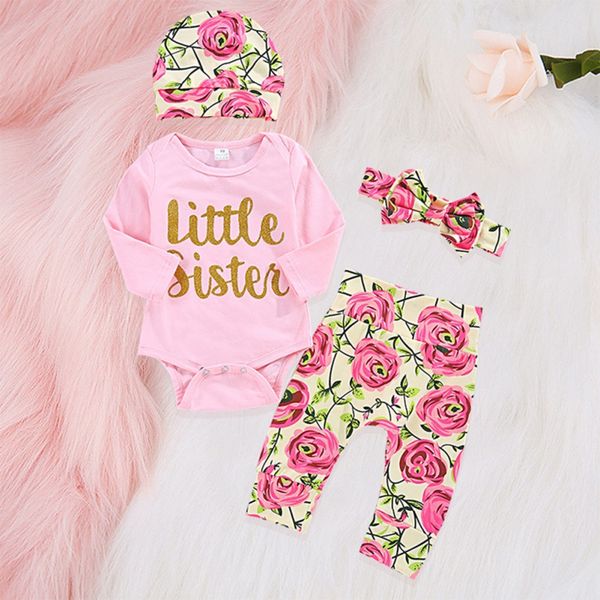 

sell baby girl clothing newborn kids baby girls outfits clothes romper bodysuit+rose print pants+headband+hat set, White
