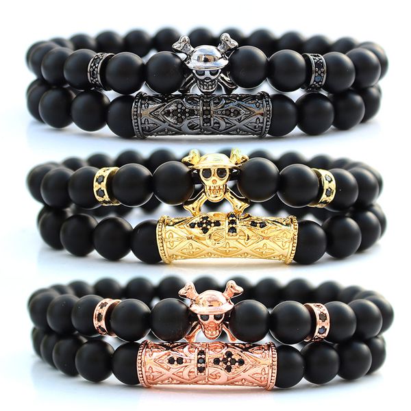 

natural stone beads skull braclets for women one piece moda masculina bransoletki pulseras hombre mens jewellery bracelet set, Black