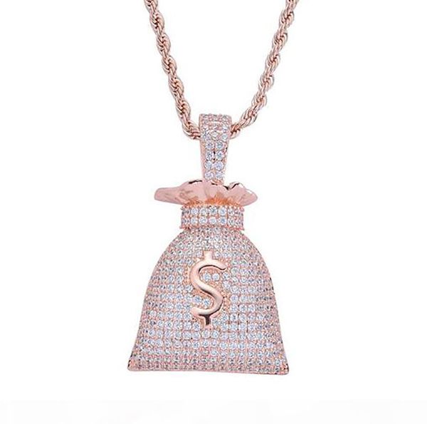 

iced out cz bling dollar sign money bag pendant necklace mens micro pave cubic zirconia gold silver rose gold necklace