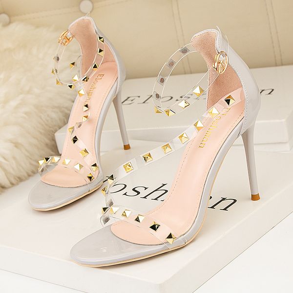 

new 10cm fashion rivet ladies pointed buckle high heels sandals transparent bling pumps womens shoes wedding shoes, Black