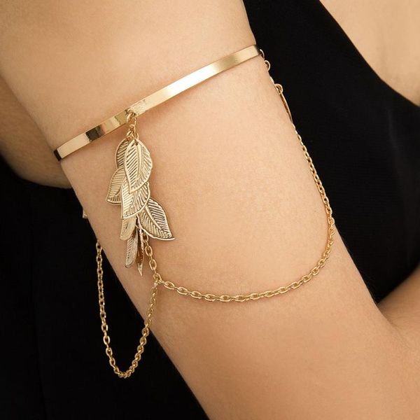 

1pc hand bracelet geometric leaf tassel chain pendant arm bracelet for women, Golden;silver