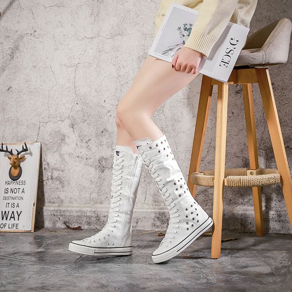 

fashion casual high high tube boots women 2020 autumn breathable hollow side zipper lace-up dance shoes lady canvas shoes, Black