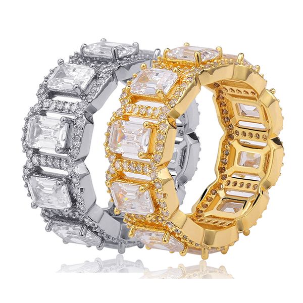 

18k gold bling rectangle cz cubic zirconia mens hip hop ring band personalized iced out full diamond rapper jewelry gifts for men women, Silver