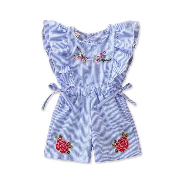 

fashion cute toddler kids baby girl striped ruffle romper embroidery flower summer blue lace-up jumpsuit clothes kg-42, Pink;blue