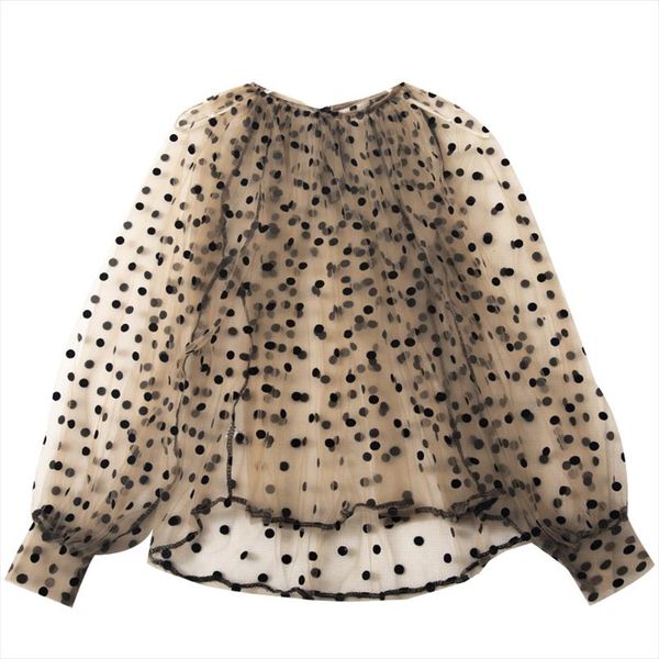 

women embroidery lace flower lantern sleeve pullover polka dot regular voile basic shirt new autumn winter o neck mesh gauze blouse, White