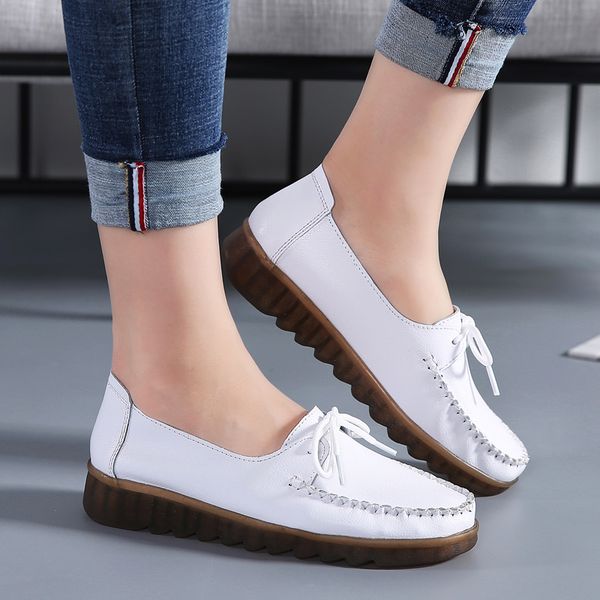 

women shoes white loafers for women casual flat shoes light walking genuine leather zapatos mujer sneakers, Black