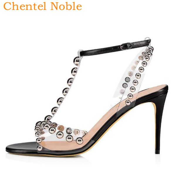 

metal rivet pvc high heel sandals t-strap buckle sandals summer shoes embellished bead women big size black