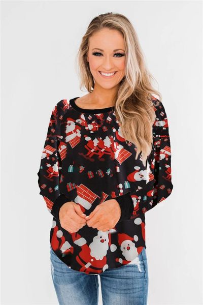 

designer tshirts casual christmas print panelled womens long sleeve tees casual females clothing christmas day womens, White