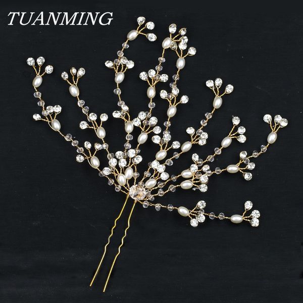 

crystal pearl wedding hair pins flower hair ornaments gold bride hairpins headdress women party jewelry accessories, Golden;silver