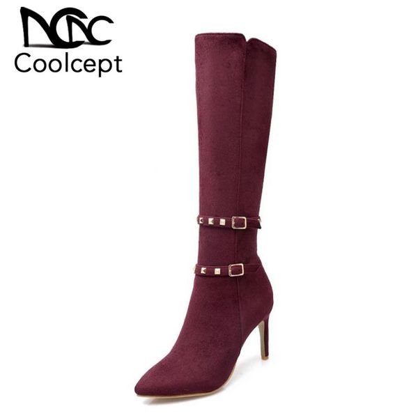 

coolcept size 33-43 women long boots rivet knee boots women high heel boot warm shoes with fur for winter botas footwears, Black