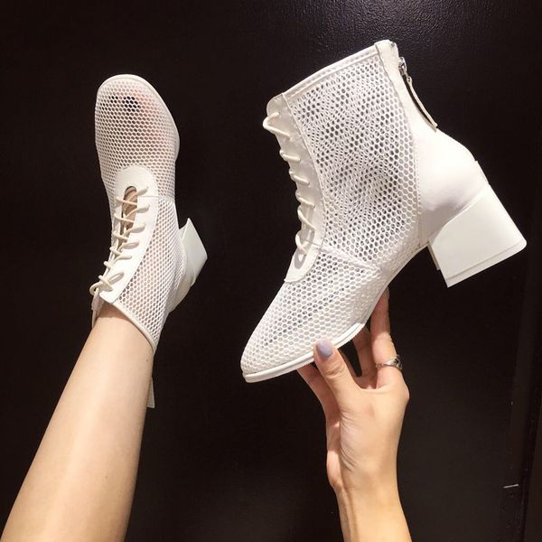 

черные ботинки вскользь ботильоны женщины сетки низкий каблук летний коренастый мотоцикла для женщин зашнуровать обувь ботинес mujer, Black