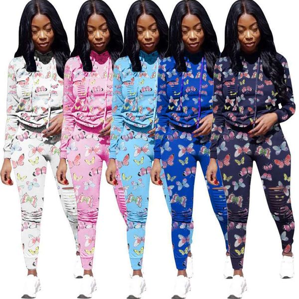 

designer women tie-dye 2 piece set butterfly print hole-cut hooded long sleeve pencli pants sweater outfits ladies plus size jogging suit, Gray