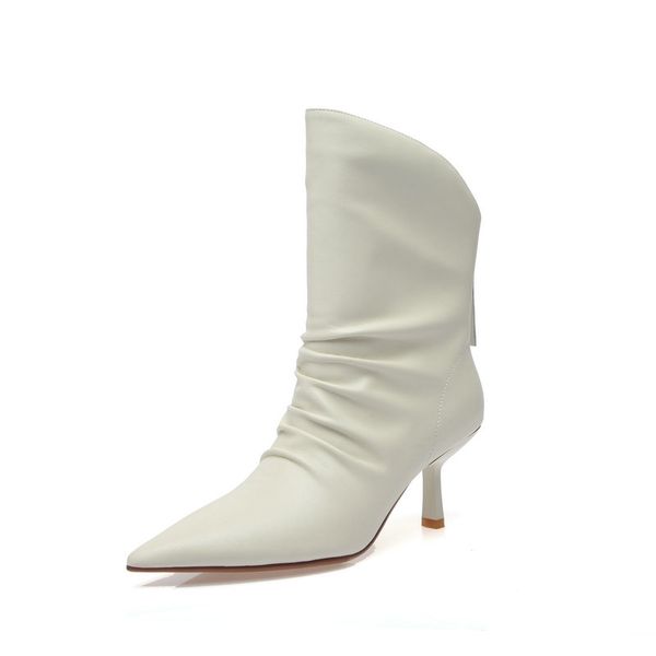 

2021 genuine leather pointed toe women's ankle boots fashion pleated high heels shoes wedding night club shoes woman, Black