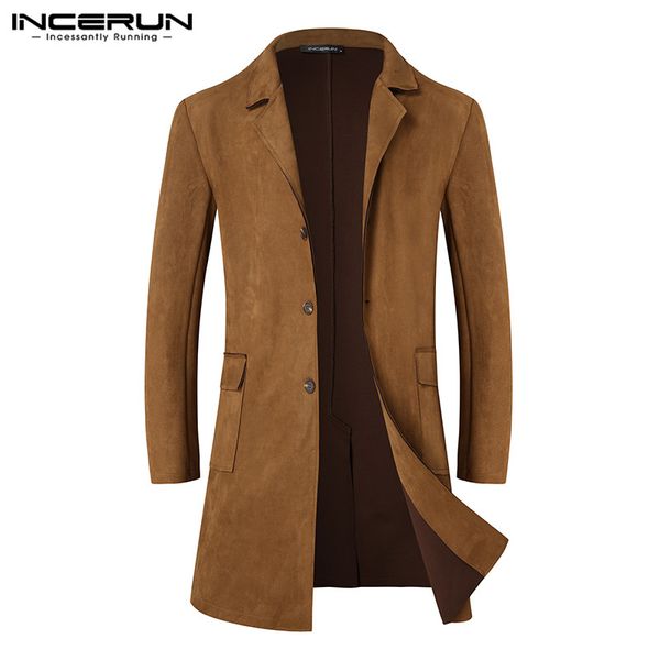 

men's trench coats incerun autumn winter men faux suede long sleeve lapel solid single breasted vintage jackets streetwear coat, Tan;black