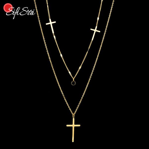 

sifisrri religious stainless steel three cross pendant necklace double-layer chain amulet necklaces collar for women girls gift, Silver
