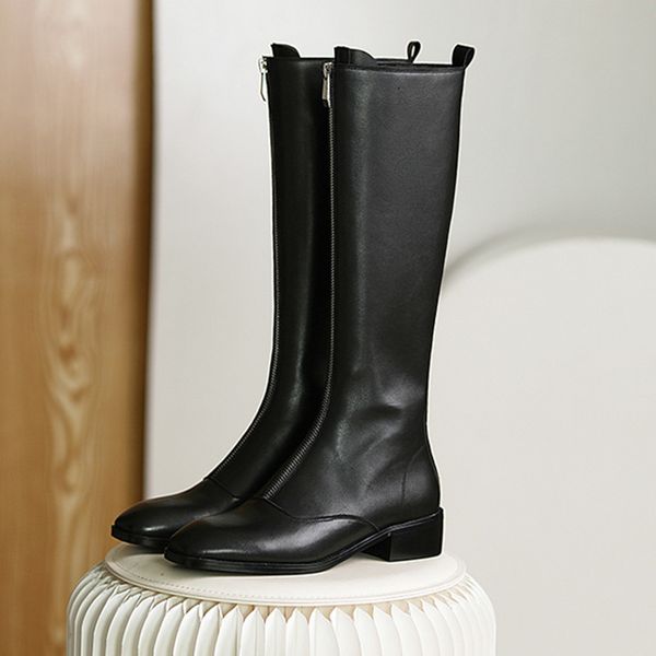 

genuine leather low heels knee high boots motorcycle shoes woman zipper square toe women pumps autumn winter party boots, Black
