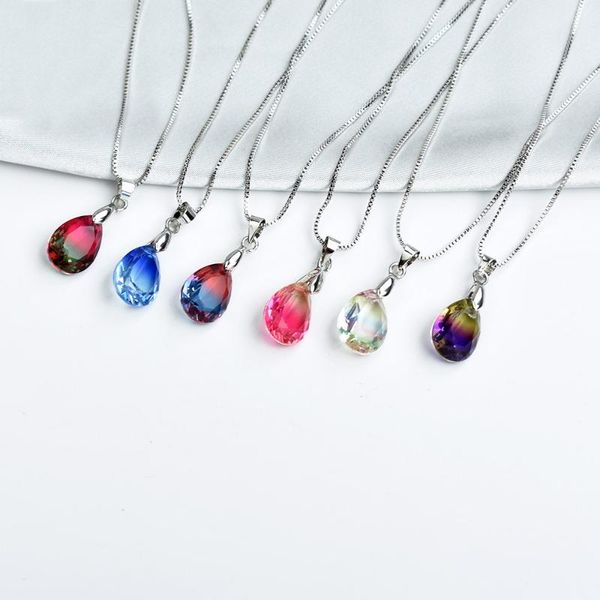 

luxury female colorful crystal water drop pendants necklaces for women silver color chain necklace fashion wedding jewelry