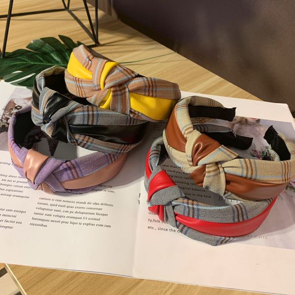

2020 plaid pu leather knot headbands for women hair girls hair hoop fashion hairband wide side accessories summer new