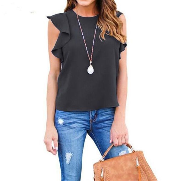 

2020 new women's chiffon blouse lotus leaf sleeve lady short sleeves round collar solid color shirt temperament, White