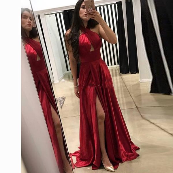 

halter red evening dresses satin high split backless long prom dresses simple party gowns custom made, Black