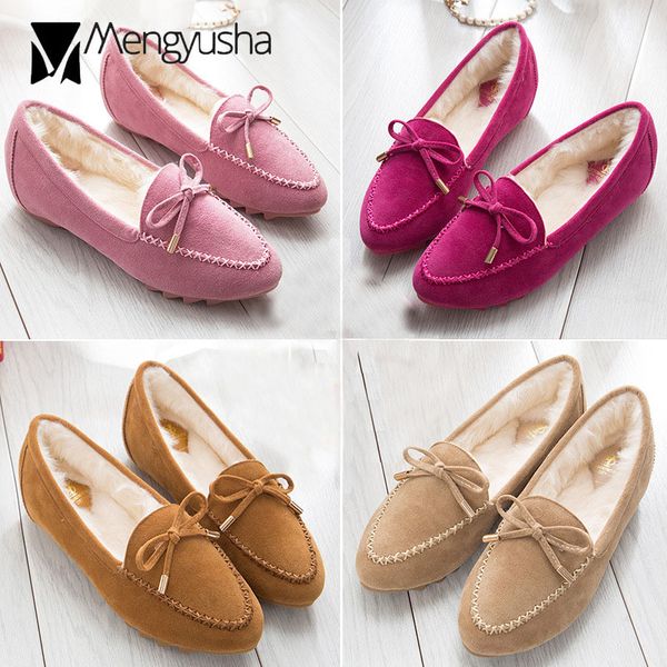 

thicken plush bowtie moccasins women round toe candy color flock bow fur flats ladies big size 42 furry mules winter loafersc108, Black