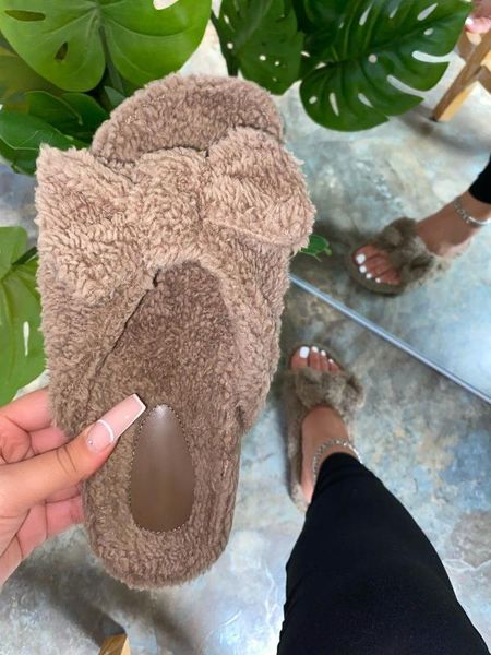 

2020 autumn new bowknot plush flat-bottomed comfortable all-match home slippers recommended sandals fluffy indoor slippers, Black
