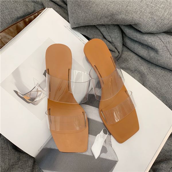 

2020 new women slipper summer crystal heel women beach slippers transparent pvc sandals square toe slides size 41 42 43, Black