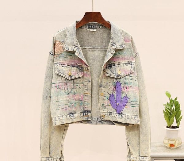 

autumn fashion print graffiti hand-painted beading short denim jacket coat women loose long sleeve student denim jacket female, Black;brown