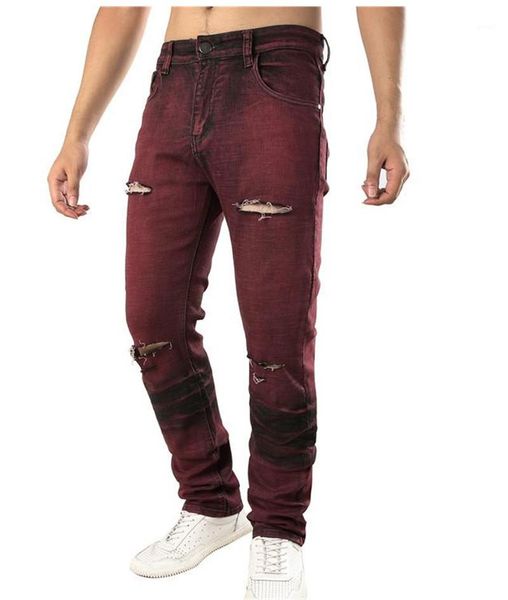 

jeans fashion designer mens long pants male clothing holes red straight slim mens stretch, Blue