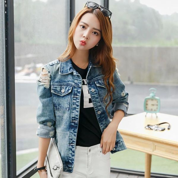 

rugod 2018 vintage funny print jean jacket women ripped hole long sleeve bomber jackets casual spring autumn short denim jacket y200101, Black;brown