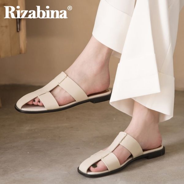 

rizabina summer women sandals shoes nice real leather slippers fashion low heels shoes women solid slip on footwear size 33-43, Black