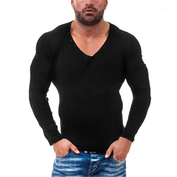 

shirt clothing designer men tshirt long sleeve summer new slim thin v neck skinny solid color fashion man sports bottoming, Black